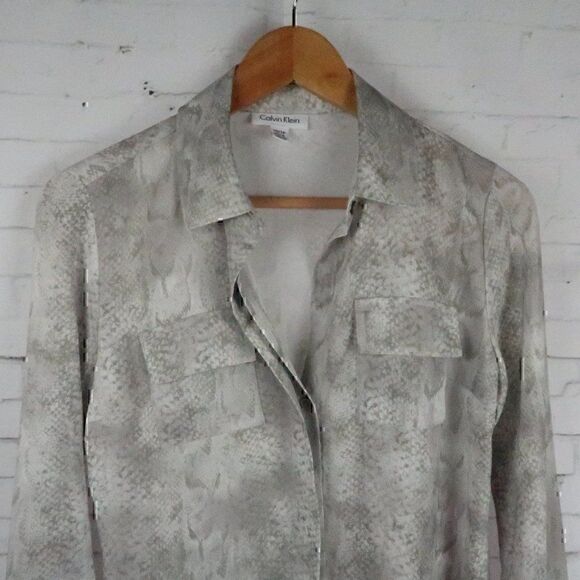 CALVIN KLEIN GREY SNAKESKIN PRINT LONG SLEEVE BUTTON DOWN TOP SIZE XS - Picture 5 of 10
